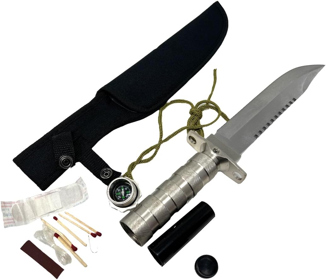 Evil Wear Überlebensmesser Survival Militär Kompass Set Silber Stahl mit viel Zubehör