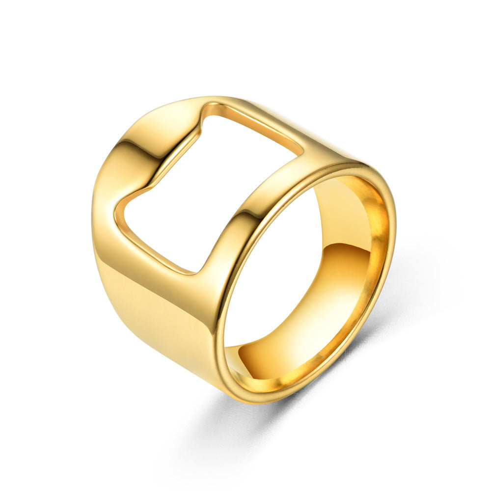 Edelstahl Flaschenöffner Ring – Multifunktionaler Unisex Ring mit Glückskatze – Geometrisches Design, Größen 6–12, Galvanisiert in Schwarz, Silber & Gold