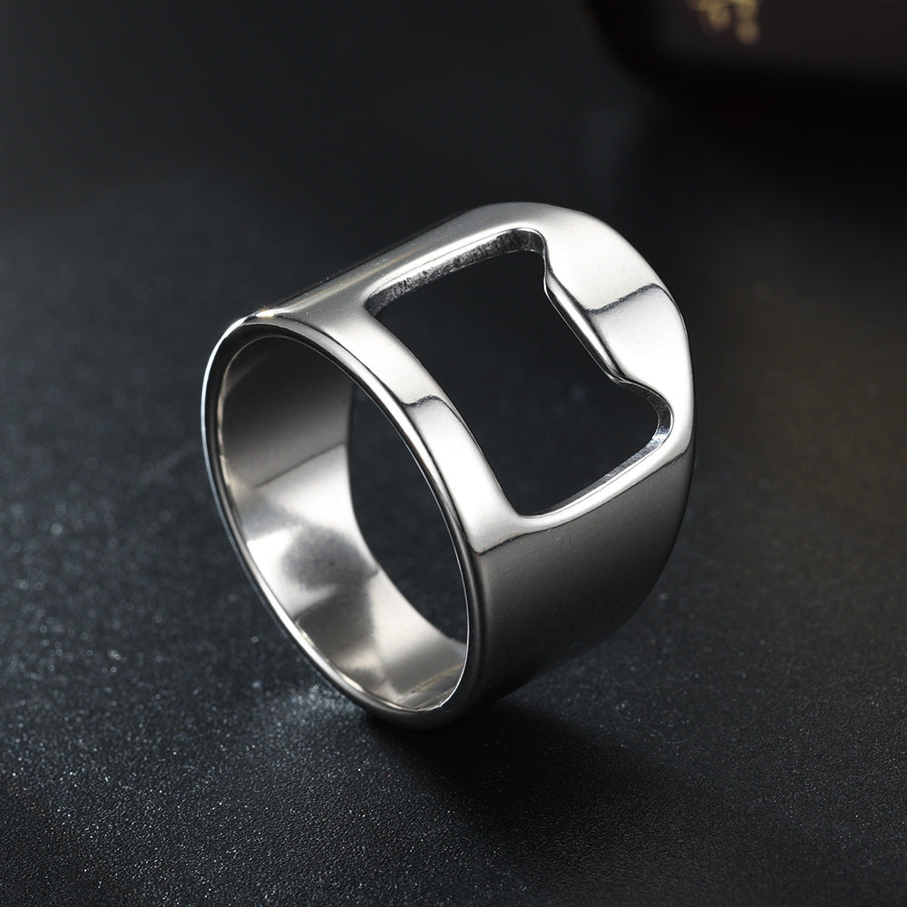 Edelstahl Flaschenöffner Ring – Multifunktionaler Unisex Ring mit Glückskatze – Geometrisches Design, Größen 6–12, Galvanisiert in Schwarz, Silber & Gold