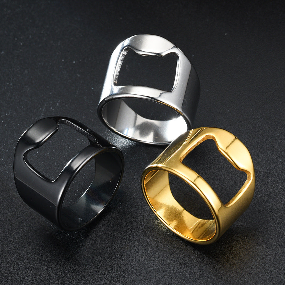 Edelstahl Flaschenöffner Ring – Multifunktionaler Unisex Ring mit Glückskatze – Geometrisches Design, Größen 6–12, Galvanisiert in Schwarz, Silber & Gold