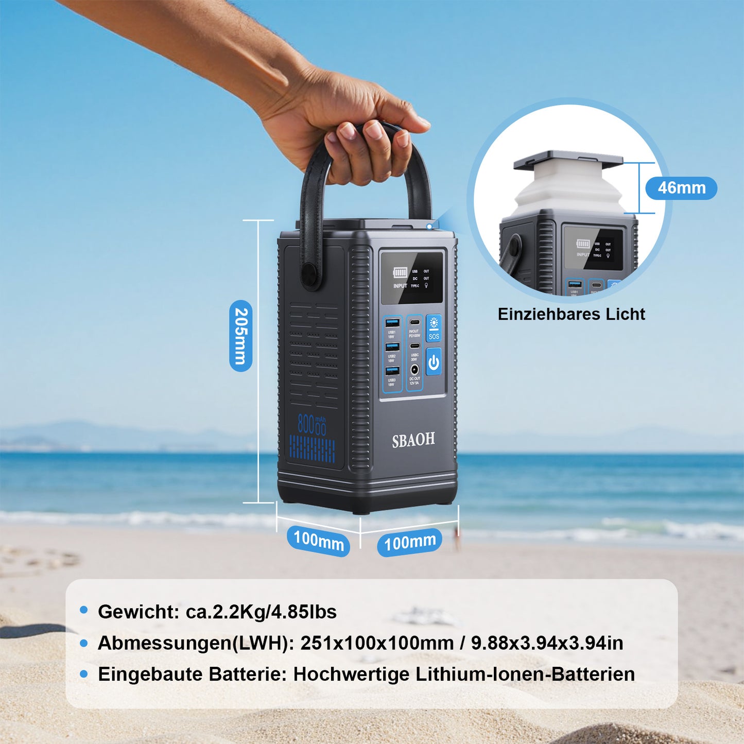 Tragbare Powerstation 256Wh (80.000mAh) – Solar-Generator mit LiFePO4-Akku – Schnelles 1,5-Stunden-Laden – Powerbank für Notstrom, Outdoor, Camping, Wohnmobil & Jagd