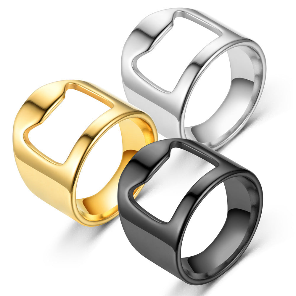 Edelstahl Flaschenöffner Ring – Multifunktionaler Unisex Ring mit Glückskatze – Geometrisches Design, Größen 6–12, Galvanisiert in Schwarz, Silber & Gold