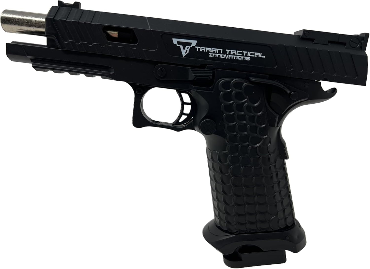 Seilershop Softair Pistole PQ7 6mm Federdruck < 0,5J – Maßstab 1:1 – Detailgetreuer Nachbau mit Schlittenfang – 300g Gewicht – Magazin 24 Schuss – Hop-Up – Schwarz