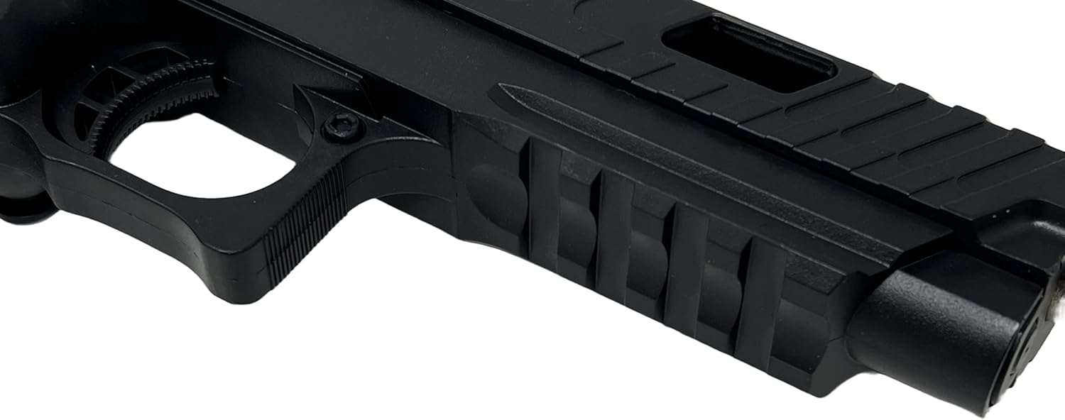 Seilershop Softair Pistole PQ7 6mm Federdruck < 0,5J – Maßstab 1:1 – Detailgetreuer Nachbau mit Schlittenfang – 300g Gewicht – Magazin 24 Schuss – Hop-Up – Schwarz