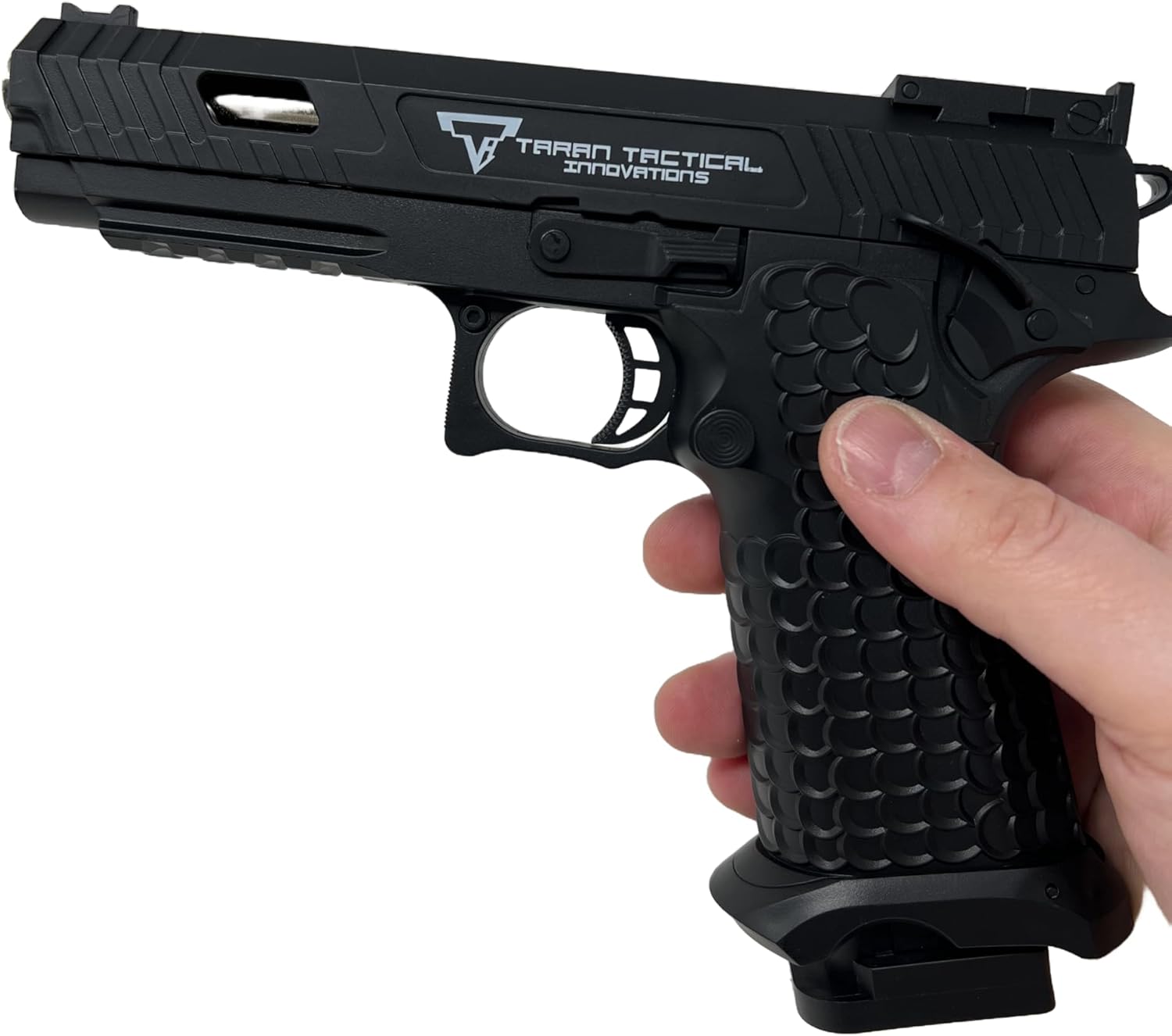 Seilershop Softair Pistole PQ7 6mm Federdruck < 0,5J – Maßstab 1:1 – Detailgetreuer Nachbau mit Schlittenfang – 300g Gewicht – Magazin 24 Schuss – Hop-Up – Schwarz