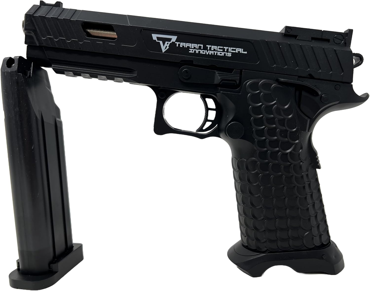 Seilershop Softair Pistole PQ7 6mm Federdruck < 0,5J – Maßstab 1:1 – Detailgetreuer Nachbau mit Schlittenfang – 300g Gewicht – Magazin 24 Schuss – Hop-Up – Schwarz