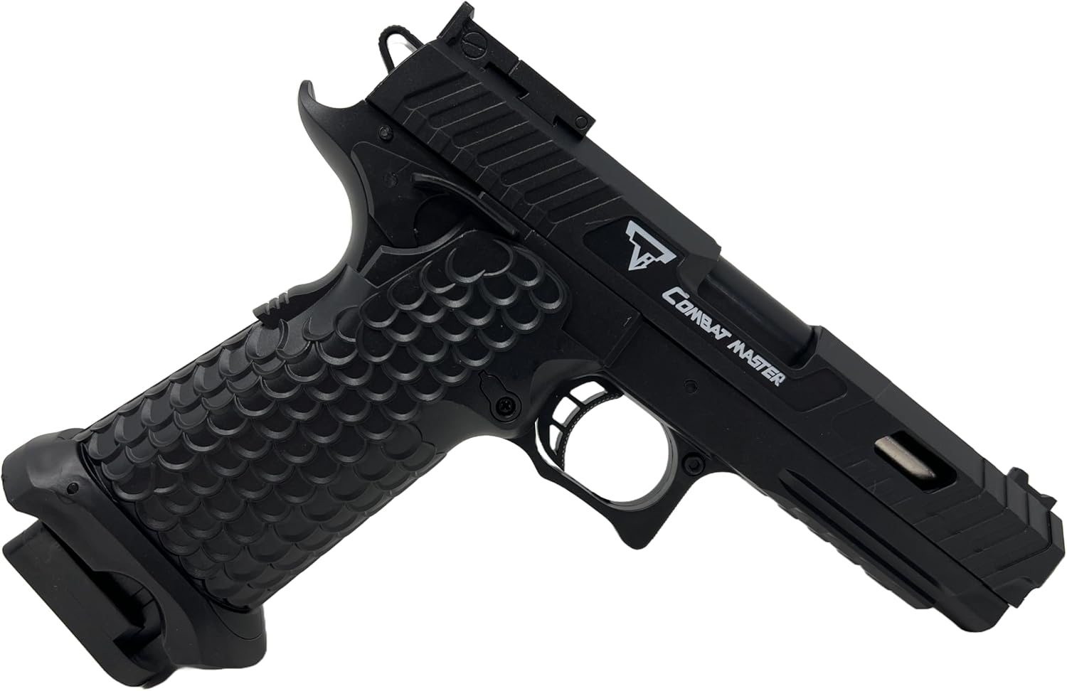 Seilershop Softair Pistole PQ7 6mm Federdruck < 0,5J – Maßstab 1:1 – Detailgetreuer Nachbau mit Schlittenfang – 300g Gewicht – Magazin 24 Schuss – Hop-Up – Schwarz