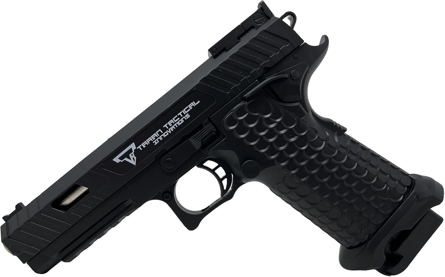Seilershop Softair Pistole PQ7 6mm Federdruck < 0,5J – Maßstab 1:1 – Detailgetreuer Nachbau mit Schlittenfang – 300g Gewicht – Magazin 24 Schuss – Hop-Up – Schwarz