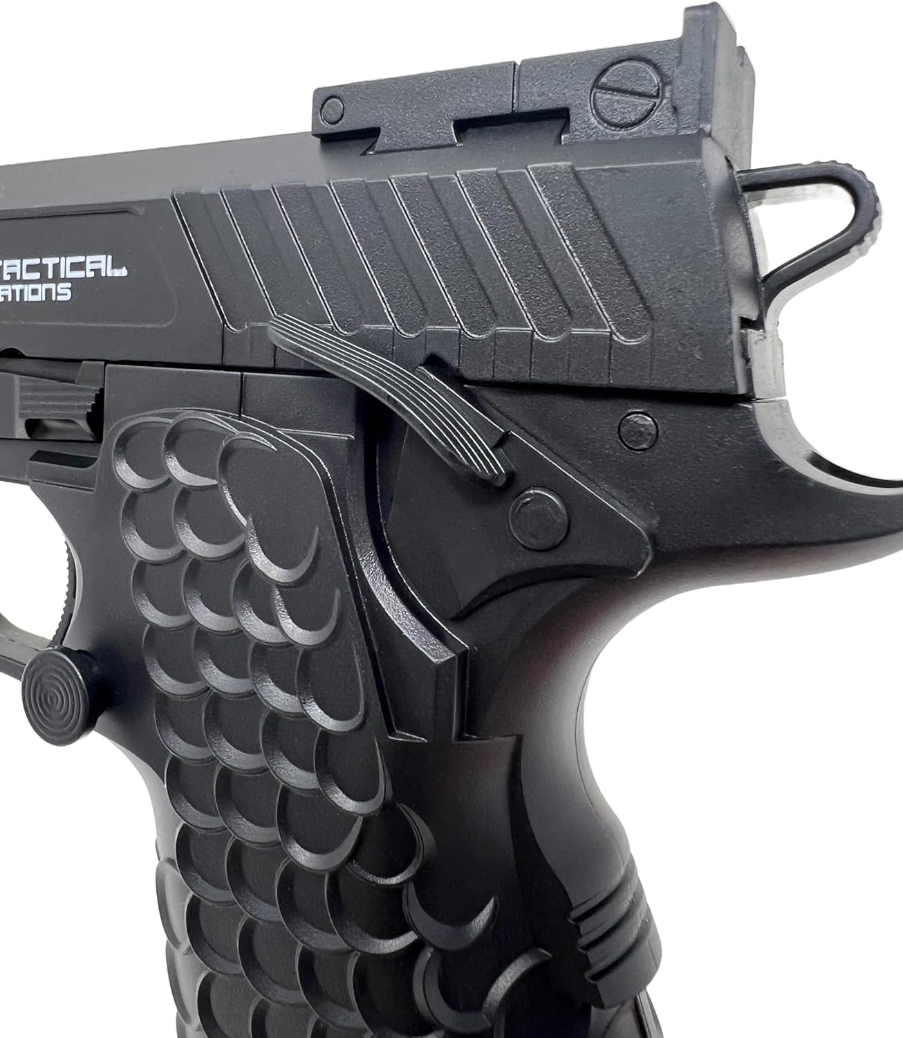 Seilershop Softair Pistole PQ7 6mm Federdruck < 0,5J – Maßstab 1:1 – Detailgetreuer Nachbau mit Schlittenfang – 300g Gewicht – Magazin 24 Schuss – Hop-Up – Schwarz