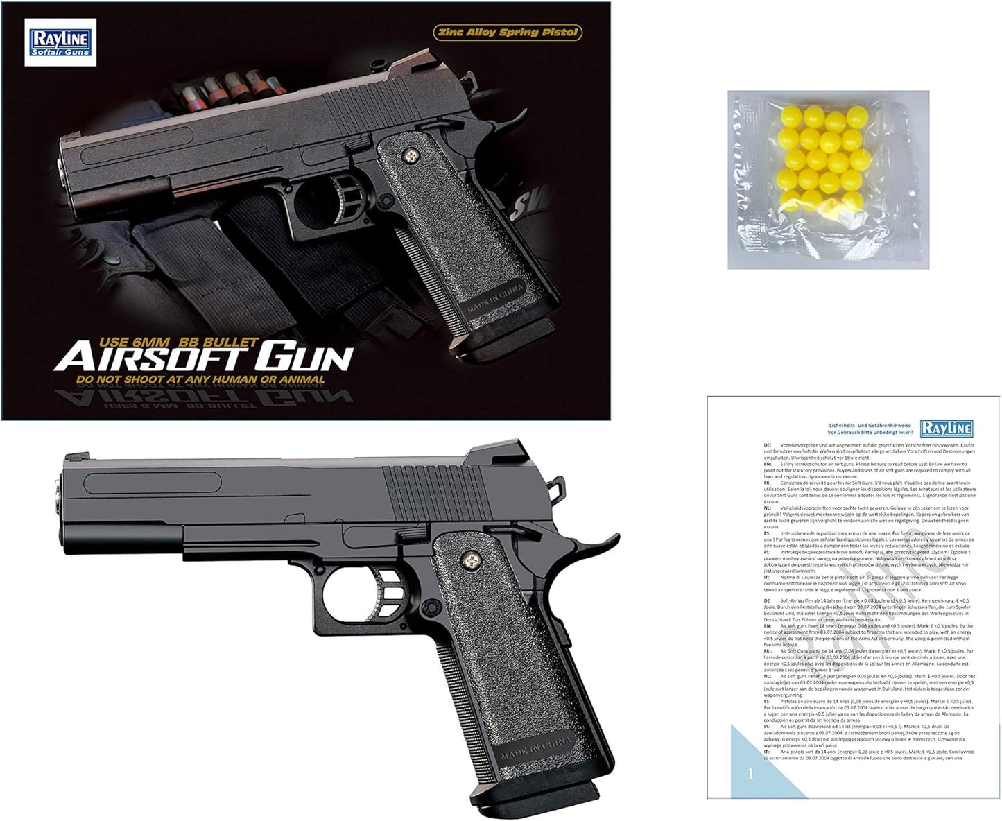 Softair Pistole Metall/ABS Rayline RV306 (Manuell Federdruck), Nachbau im Maßstab 1:1, Länge: 23cm, Gewicht: 400g, Kaliber: 6mm, Farbe: Schwarz - (unter 0,5 Joule - ab 14 Jahre)