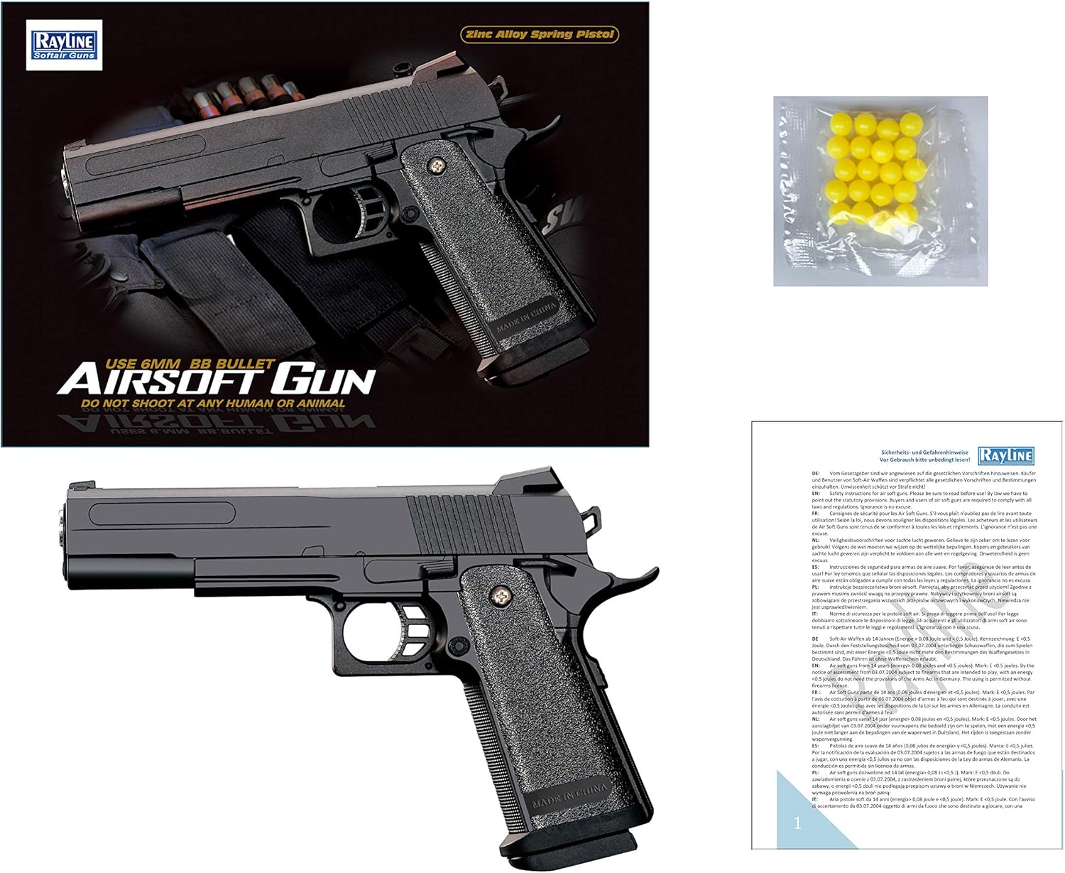 Softair Pistole Metall/ABS Rayline RV306 (Manuell Federdruck), Nachbau im Maßstab 1:1, Länge: 23cm, Gewicht: 400g, Kaliber: 6mm, Farbe: Schwarz - (unter 0,5 Joule - ab 14 Jahre)