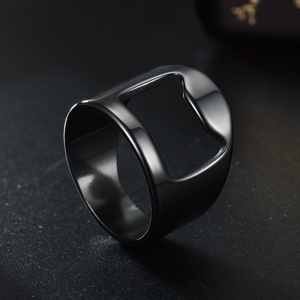 Edelstahl Flaschenöffner Ring – Multifunktionaler Unisex Ring mit Glückskatze – Geometrisches Design, Größen 6–12, Galvanisiert in Schwarz, Silber & Gold