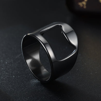 Edelstahl Flaschenöffner Ring – Multifunktionaler Unisex Ring mit Glückskatze – Geometrisches Design, Größen 6–12, Galvanisiert in Schwarz, Silber & Gold