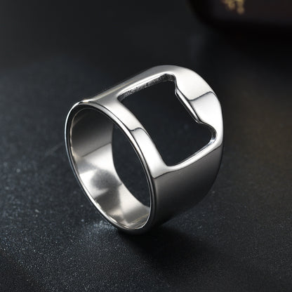 Edelstahl Flaschenöffner Ring – Multifunktionaler Unisex Ring mit Glückskatze – Geometrisches Design, Größen 6–12, Galvanisiert in Schwarz, Silber & Gold