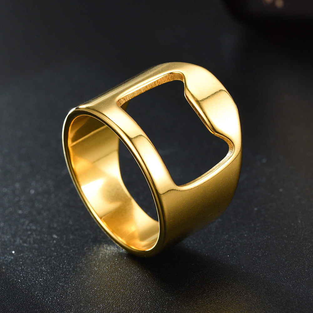 Edelstahl Flaschenöffner Ring – Multifunktionaler Unisex Ring mit Glückskatze – Geometrisches Design, Größen 6–12, Galvanisiert in Schwarz, Silber & Gold