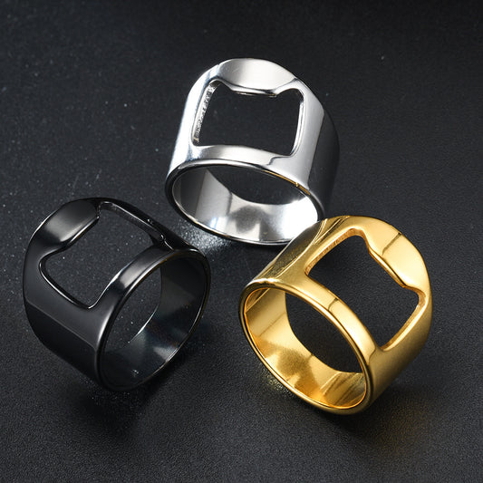 Edelstahl Flaschenöffner Ring – Multifunktionaler Unisex Ring mit Glückskatze – Geometrisches Design, Größen 6–12, Galvanisiert in Schwarz, Silber & Gold